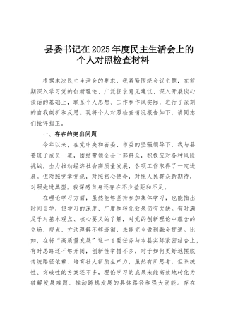 县委书记在2025年度民主生活会上的个人对照检查材料
