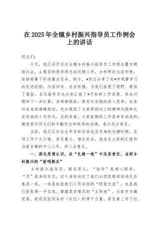 在2025年全镇乡村振兴指导员工作例会上的讲话