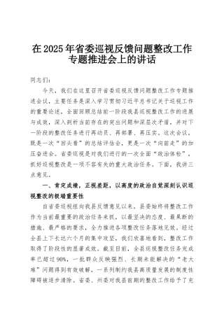 在2025年省委巡视反馈问题整改工作专题推进会上的讲话