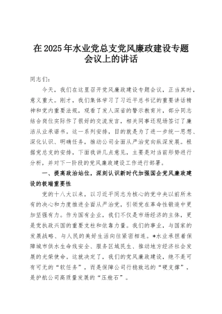 在2025年水业党总支党风廉政建设专题会议上的讲话