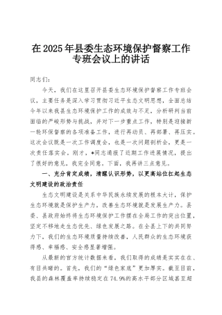 在2025年县委生态环境保护督察工作专班会议上的讲话
