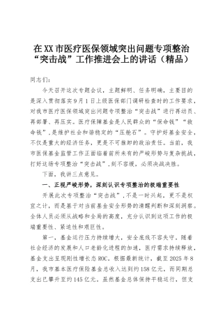 在XX市医疗医保领域突出问题专项整治“突击战”工作推进会上的讲话（精品）