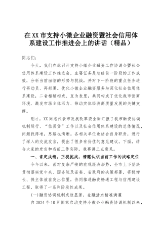 在XX市支持小微企业融资暨社会信用体系建设工作推进会上的讲话（精品）