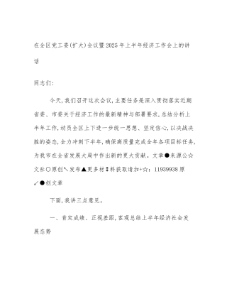 在全区党工委(扩大)会议暨2025年上半年经济工作会上的讲话