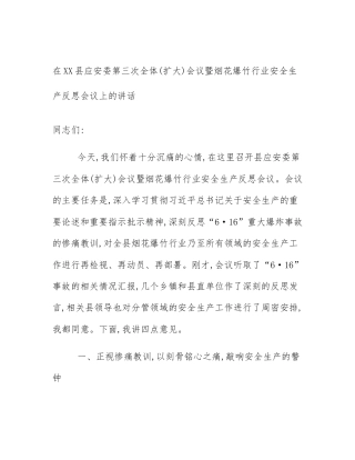 在XX县应安委第三次全体(扩大)会议暨烟花爆竹行业安全生产反思会议上的讲话