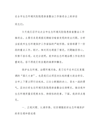 在全市生态环境风险隐患排查整治工作推进会上的讲话