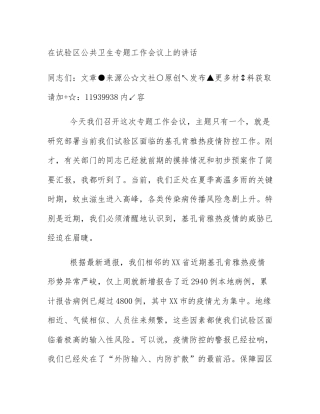 在试验区公共卫生专题工作会议上的讲话