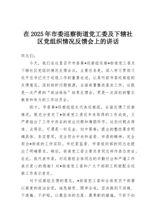 在2025年市委巡察街道党工委及下辖社区党组织情况反馈会上的讲话