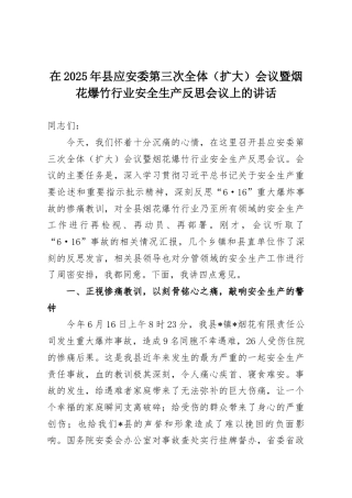 在2025年县应安委第三次全体（扩大）会议暨烟花爆竹行业安全生产反思会议上的讲话