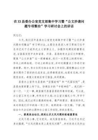 在XX县委办公室党支部集中学习暨“公文抄袭问题专项整治”学习研讨会上的讲话