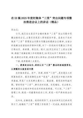 在XX镇2025年度村集体“三资”突出问题专项整治推进会议上的讲话（精品）