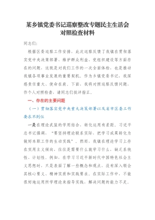 某乡镇党委书记巡察整改专题民主生活会对照检查材料
