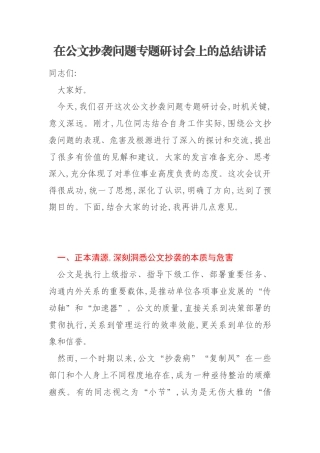 在公文抄袭问题专题研讨会上的总结讲话