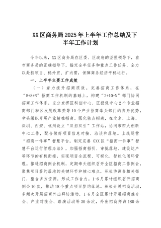 XX区商务局2025年上半年工作总结及下半年工作计划