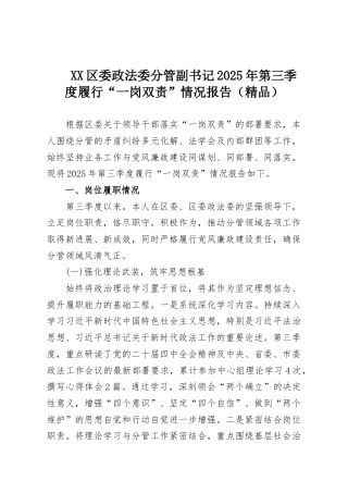 XX区委政法委分管副书记2025年第三季度履行“一岗双责”情况报告（精品）