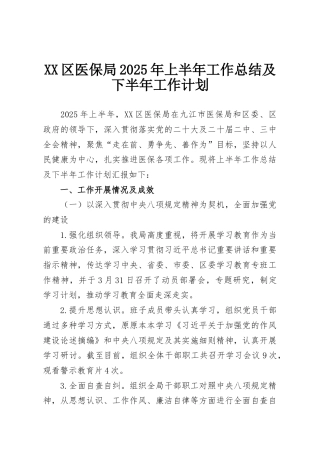 XX区医保局2025年上半年工作总结及下半年工作计划