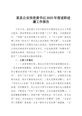 某县公安局党委书记2025年度述职述廉工作报告