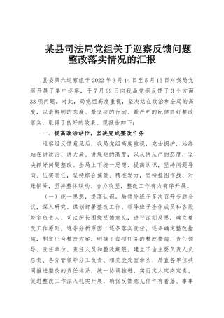 某县司法局党组关于巡察反馈问题整改落实情况的汇报