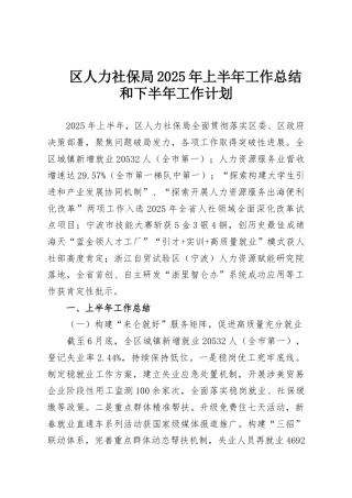 区人力社保局2025年上半年工作总结和下半年工作计划