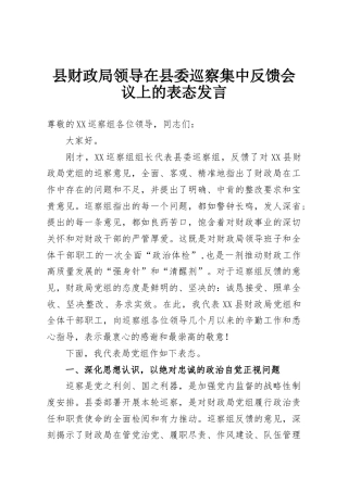 县财政局领导在县委巡察集中反馈会议上的表态发言