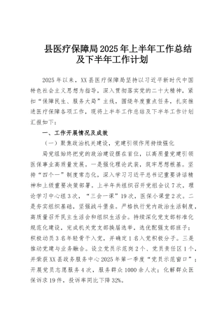 县医疗保障局2025年上半年工作总结及下半年工作计划