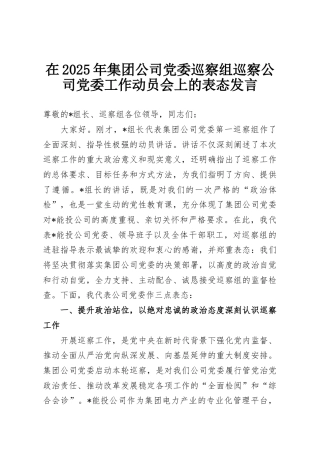 在2025年集团公司党委巡察组巡察公司党委工作动员会上的表态发言