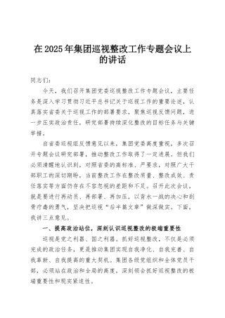在2025年集团巡视整改工作专题会议上的讲话