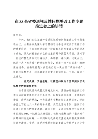 在XX县省委巡视反馈问题整改工作专题推进会上的讲话