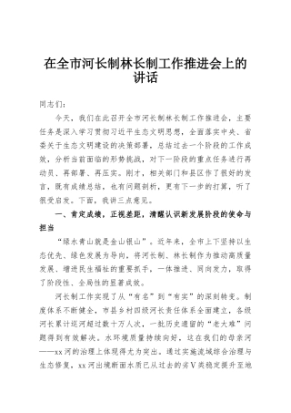 在全市河长制林长制工作推进会上的讲话