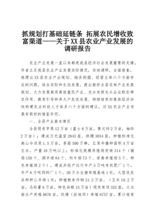 抓规划打基础延链条 拓展农民增收致富渠道——关于XX县农业产业发展的调研报告