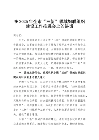 在2025年全市“三新”领域妇联组织建设工作推进会上的讲话