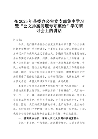 在2025年县委办公室党支部集中学习暨“公文抄袭问题专项整治”学习研讨会上的讲话