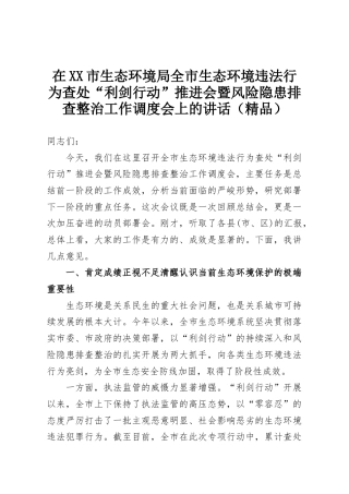 在XX市生态环境局全市生态环境违法行为查处“利剑行动”推进会暨风险隐患排查整治工作调度会上的讲话（精品）