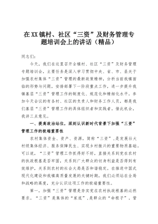 在XX镇村、社区“三资”及财务管理专题培训会上的讲话（精品）