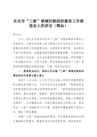 在全市“三新”领域妇联组织建设工作推进会上的讲话（精品）