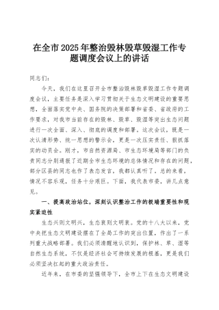 在全市2025年整治毁林毁草毁湿工作专题调度会议上的讲话