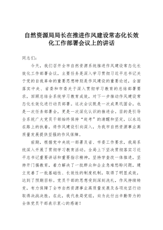 自然资源局局长在推进作风建设常态化长效化工作部署会议上的讲话