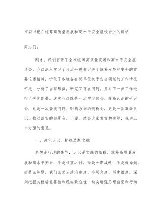 市委书记在统筹高质量发展和高水平安全座谈会上的讲话