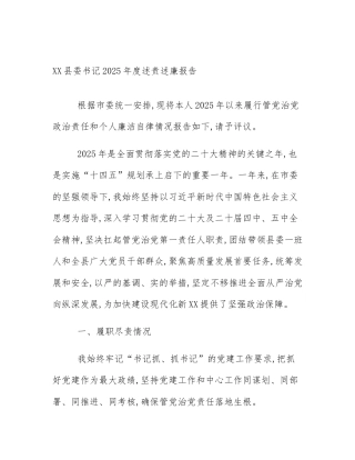 XX县委书记2025年度述责述廉报告