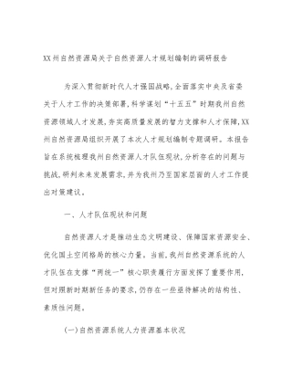 XX州自然资源局关于自然资源人才规划编制的调研报告