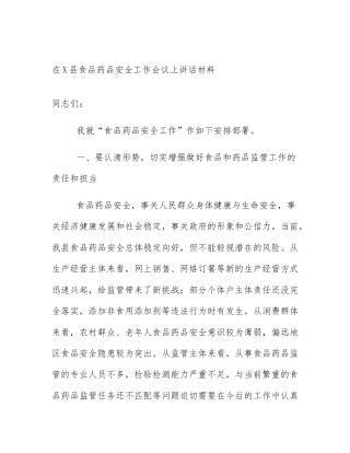 在X县食品药品安全工作会议上讲话材料