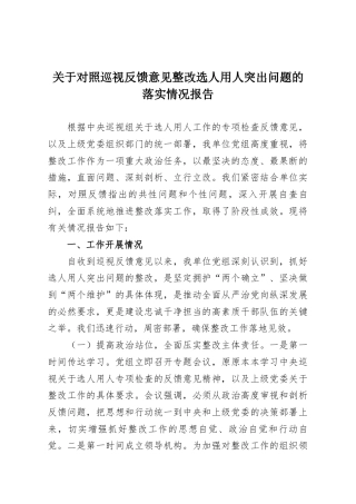关于对照巡视反馈意见整改选人用人突出问题的落实情况报告