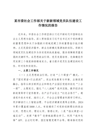 某市委社会工作部关于新新领域党员队伍建设工作情况的报告