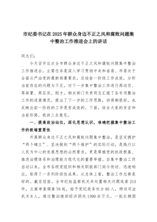 市纪委书记在2025年群众身边不正之风和腐败问题集中整治工作推进会上的讲话