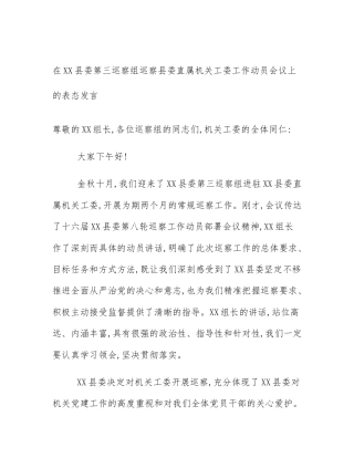 在XX县委第三巡察组巡察县委直属机关工委工作动员会议上的表态发言