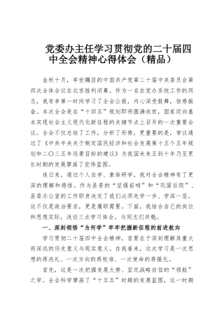 党委办主任学习贯彻党的二十届四中全会精神心得体会（精品）