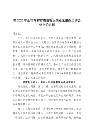 在2025年全市落实省委巡视反馈意见整改工作会议上的讲话