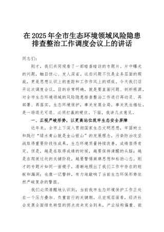 在2025年全市生态环境领域风险隐患排查整治工作调度会议上的讲话