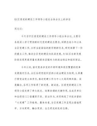XX区委党的建设工作领导小组在全体会议上的讲话