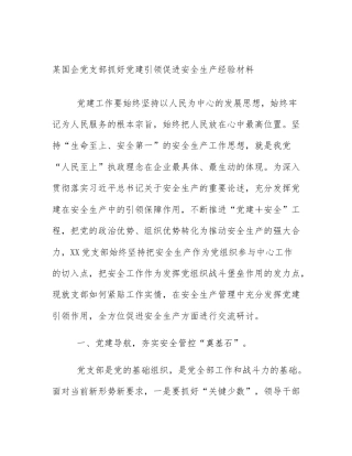 某国企党支部抓好党建引领促进安全生产经验材料